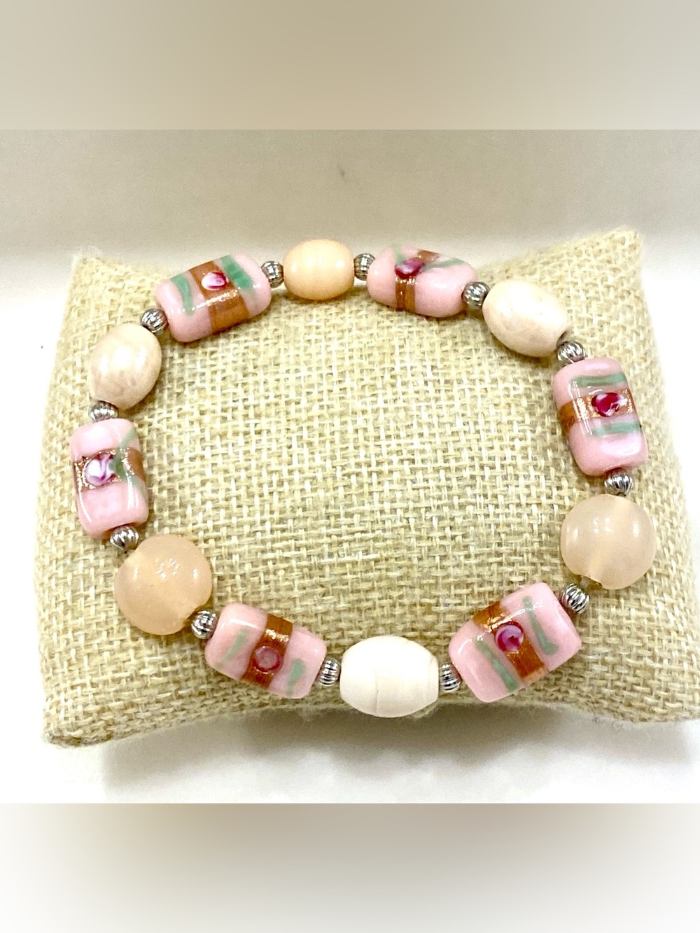 NWOT Vintage Handmade Pink Venetian Lampwork Glass Bead Bracelet Foil Core